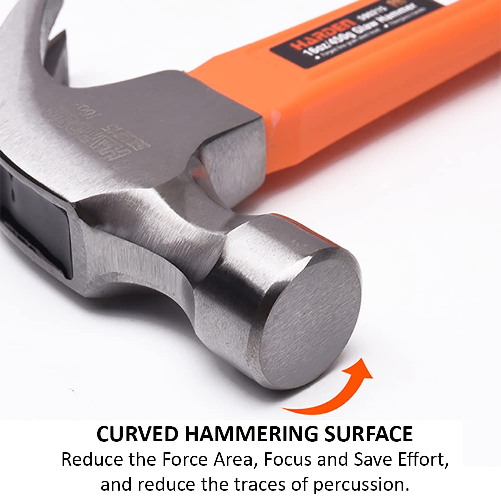 Hoxden 450g Carbon Steel Claw Hammer with Shock-Resistant Fiberglass Grip – Ideal for Carpentry & DIY Tasks