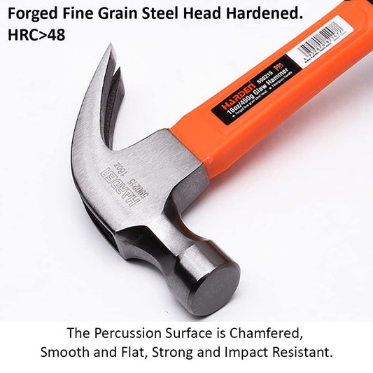 Hoxden 450g Carbon Steel Claw Hammer with Shock-Resistant Fiberglass Grip – Ideal for Carpentry & DIY Tasks