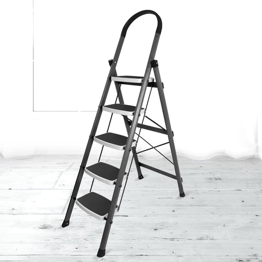 Proluxa 5-Step Foldable Steel Ladder with Wide Anti-Skid Steps for Safe Climbing and Storage