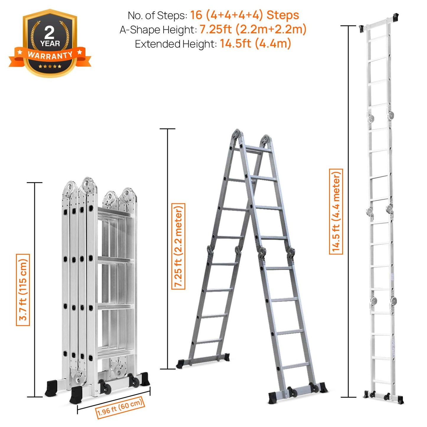 Climbora 14.5 Feet (16 Steps) Lightweight & Foldable Aluminium Multi-Purpose Super Ladder for Home & Industrial Use